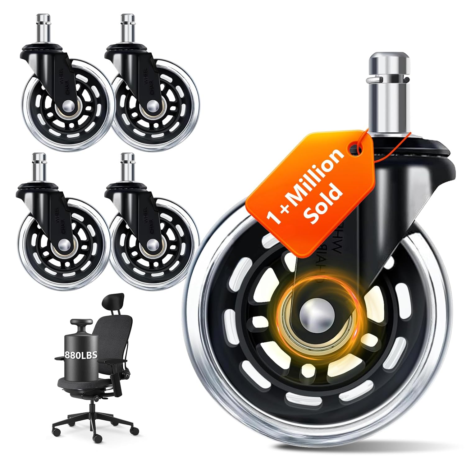 Office Furniture Plan - 3インチオフィスチェアホイール5個セット、キャスター耐荷重880ポンド、ユニバーサル11mmステム交換用、スムーズな滑りを実現する床保護機能