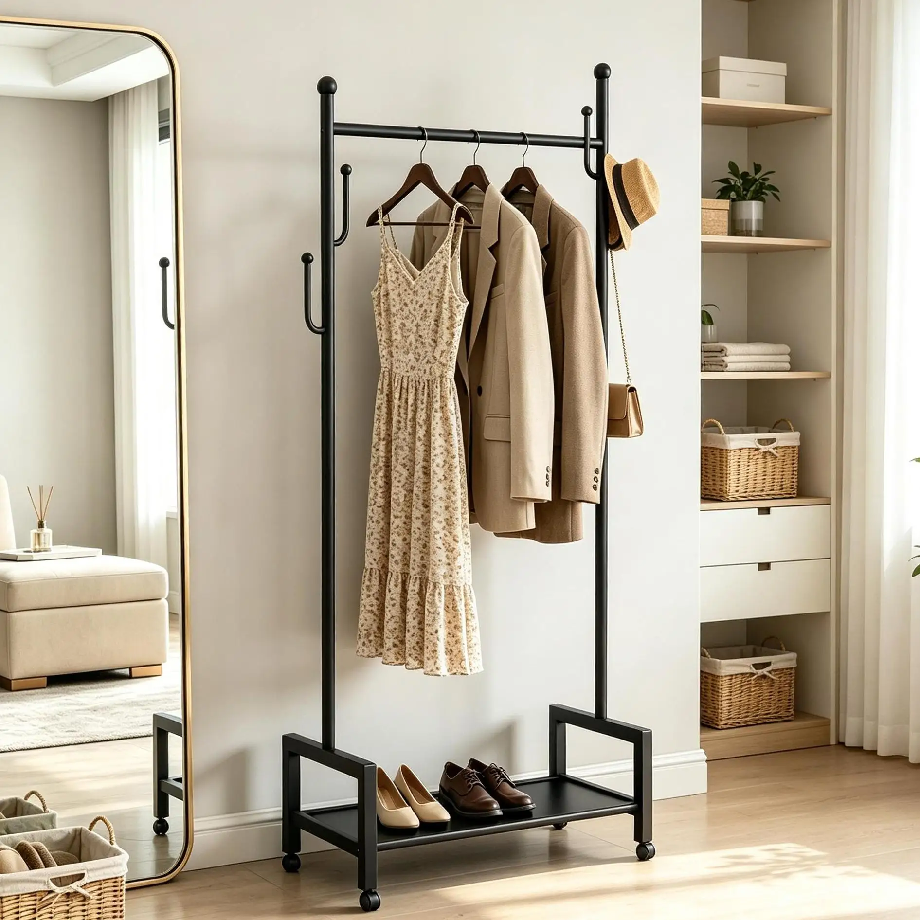 Coat Rack Standing - 車輪付き自立型衣類ラック モバイルローリング衣類ラック ポータブルコートハンガースタンド 省スペース衣類収納オーガナイザー ワードローブ 家庭用