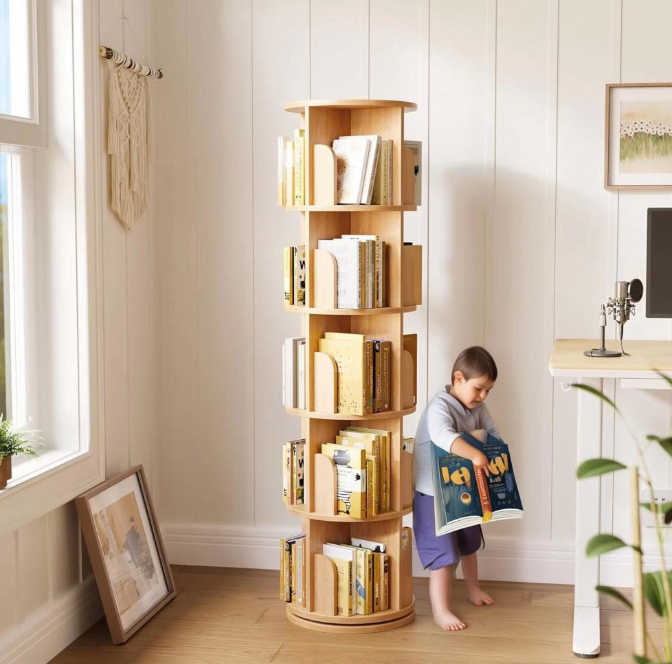 Bookshelf 5 Tier - ベビーキャビネット 5段 高い棚 フロアスタンド型ディスプレイ コーナー回転式本棚 バッフル付き