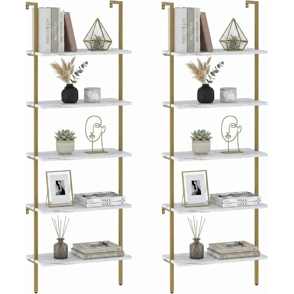 Bookshelf 5 Tier - 5段式白大理石壁掛け木製ラック - 工業スタイルの本棚（家庭、オフィス、キッチンの整理整頓用）