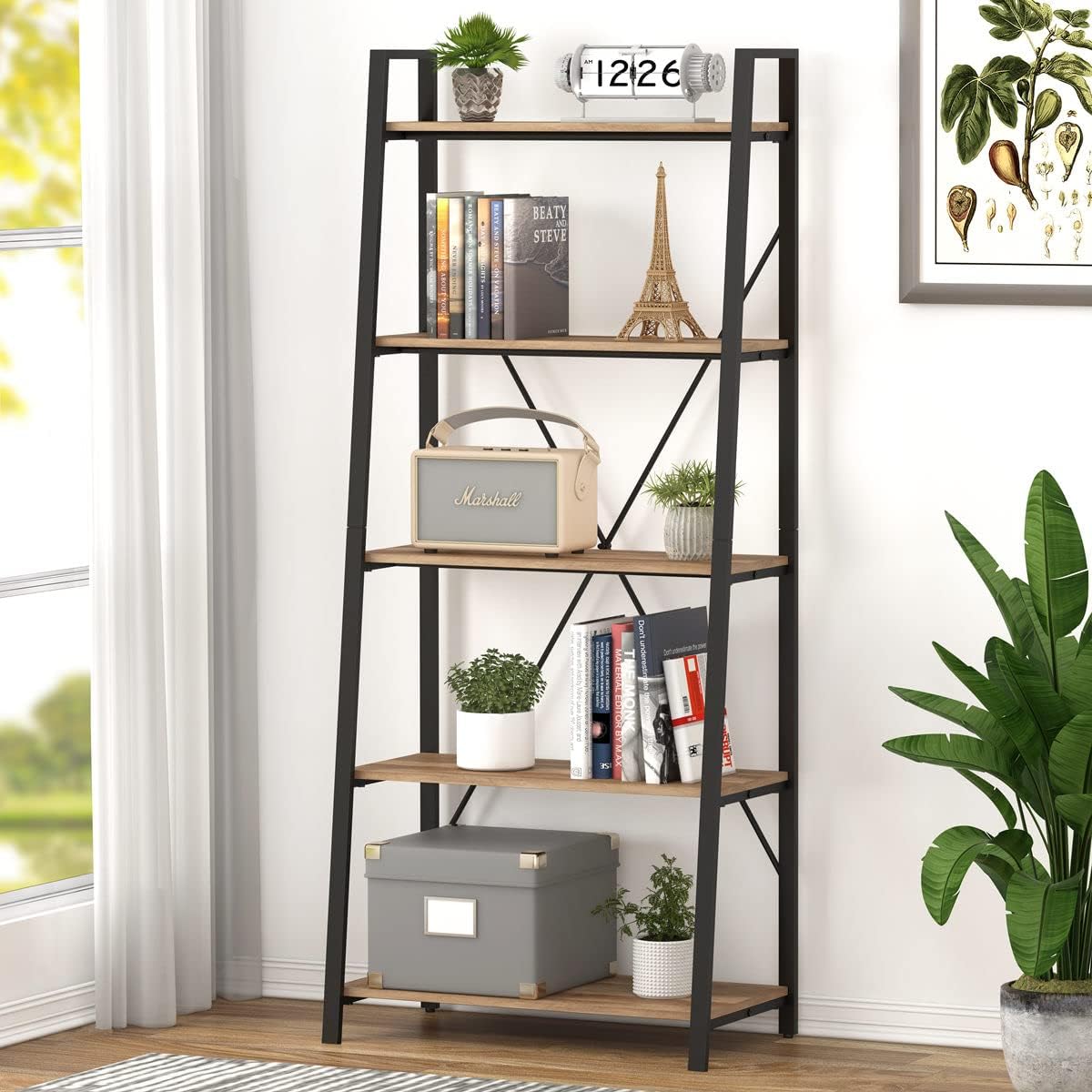 Bookshelf 5 Tier - ヴィンテージオーク製5段工業用傾斜型ラダーブックシェルフ、木製と金属製のオープンディスプレイ本棚、リビングルーム用ファームハウススタイル収納棚