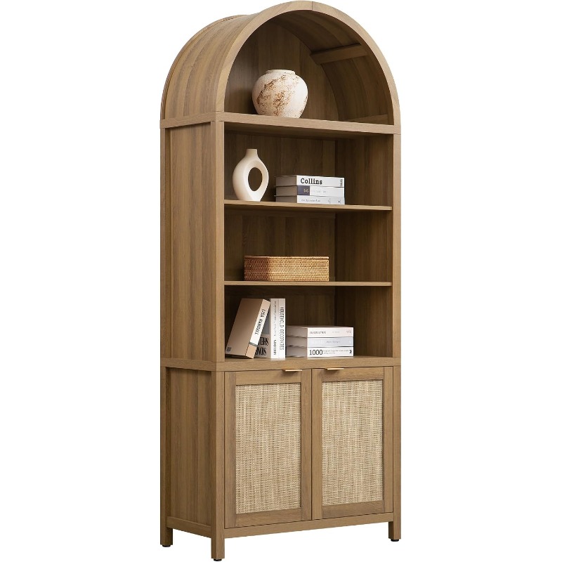 Bookshelf 5 Tier - SICOTAS 高さ84.2インチのアーチ型扉付き本棚 - 5段ラタン製本棚 | ボホ風アーチ型キャビネット大型本棚ケース