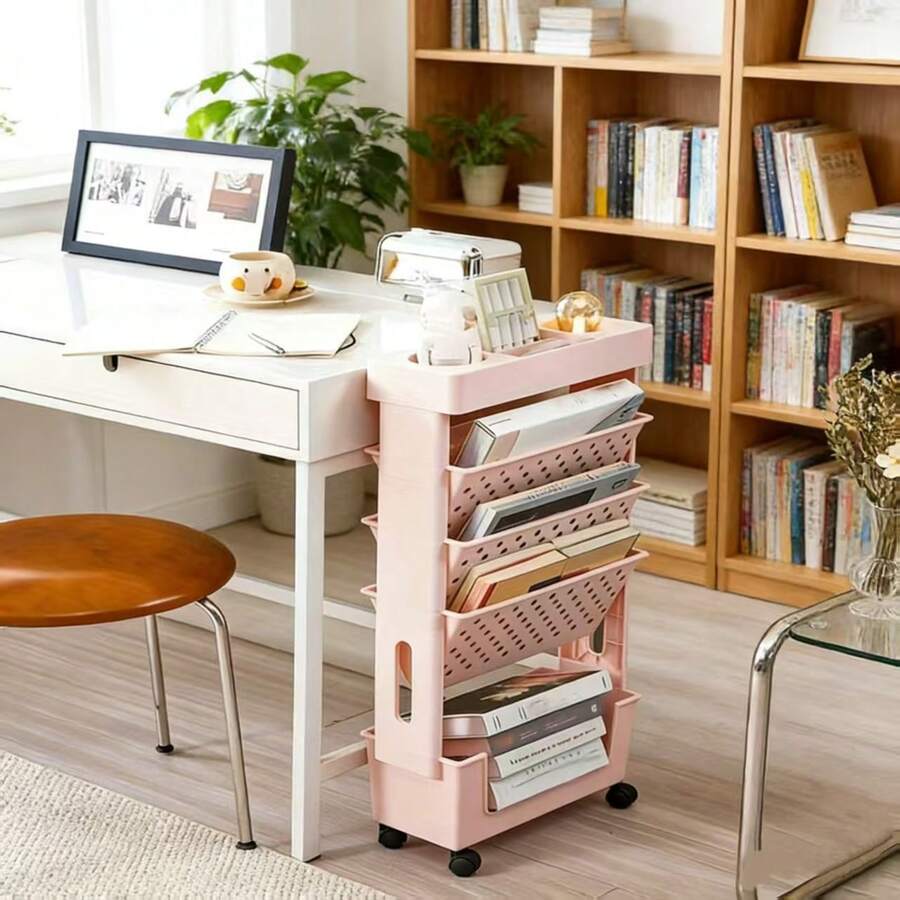 Bookshelf 5 Tier - 5段式ローリング収納カート（穴あき棚付き）-本、ファイル、雑誌用のプラスチック製スタッカブルオーガナイザー（車輪付き）