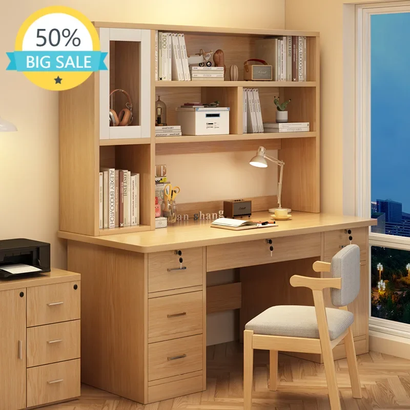Office Furniture Reborn - モダンなデスクトップコンピューターデスク、4つの引き出しと本棚一体型セット、寝室用ライティングテーブル、学生用ホームスタディオフィスデスク
