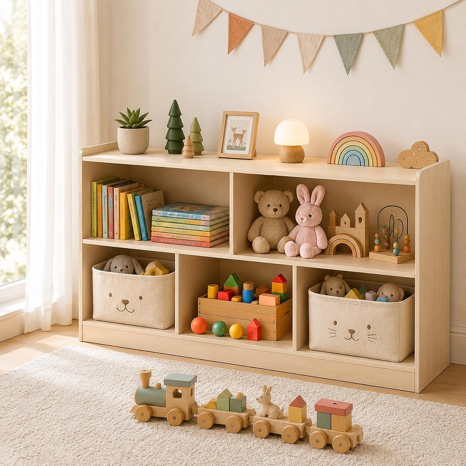Bookshelf 5 Tier - 木製5段モンテッソーリ幼児用キャビネット、2段本棚とおもちゃ収納オーガナイザー付き、プレイルーム、子供部屋、寝室、教室用キッズブックディスプレイ