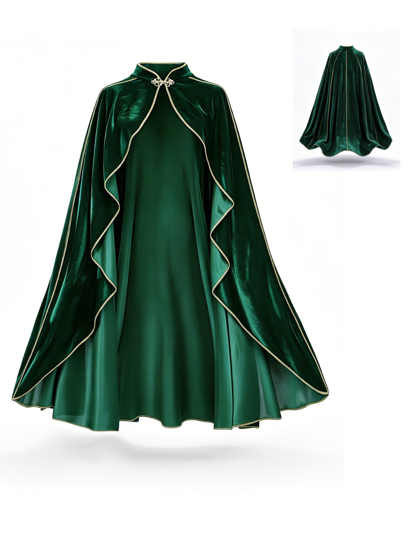 Coat Rack Standing - 女性用ヴィンテージグリーンベルベットケープマント、ゴールドトリムスタンドカラー、コスプレコスチューム、ハロウィンパーティー用ロングケープ、中世ルネサンス風ドレスアップ