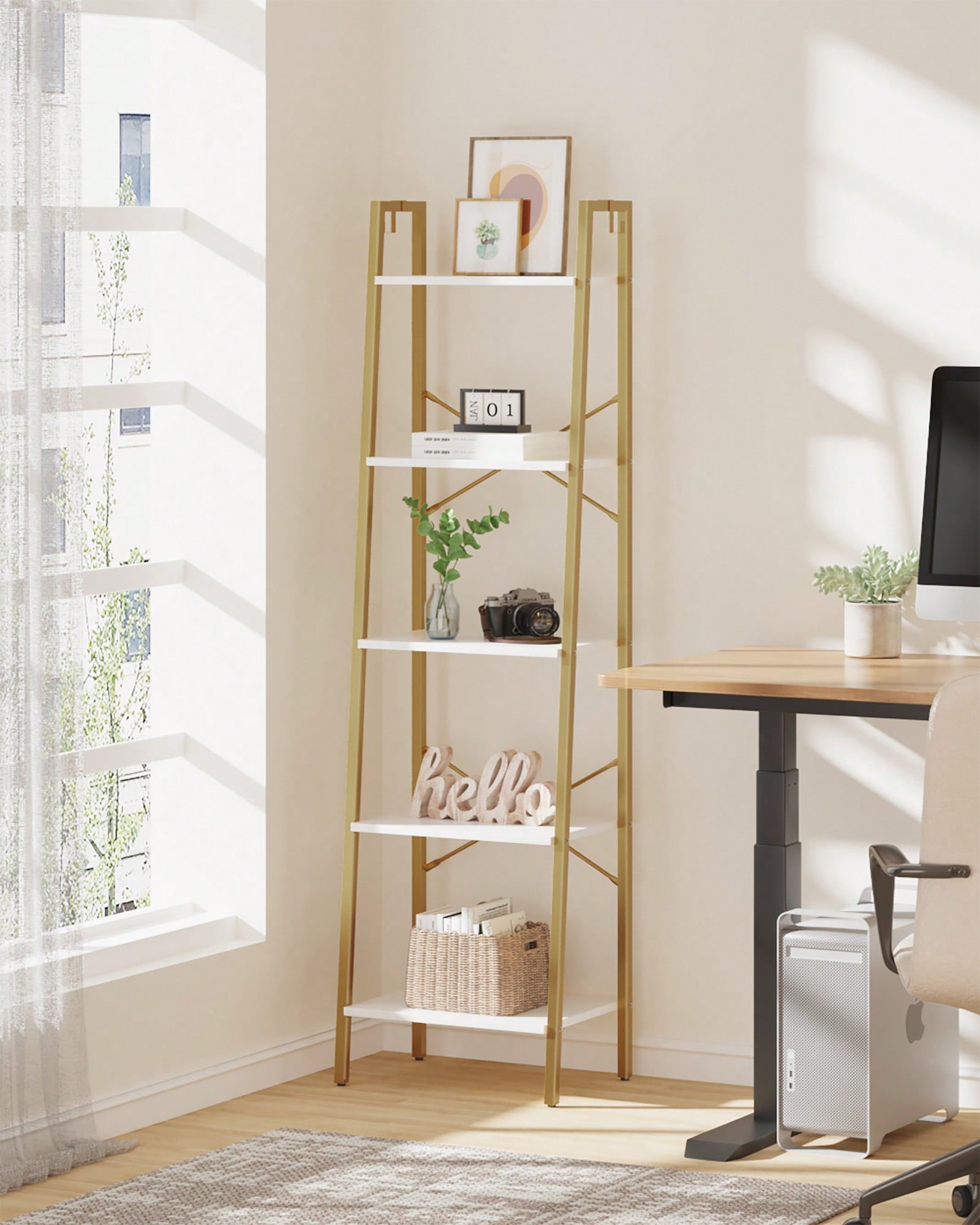 Bookshelf 5 Tier - 5段ラダーシェルフ モダン グラム ホワイトゴールド ブックシェルフ 本棚