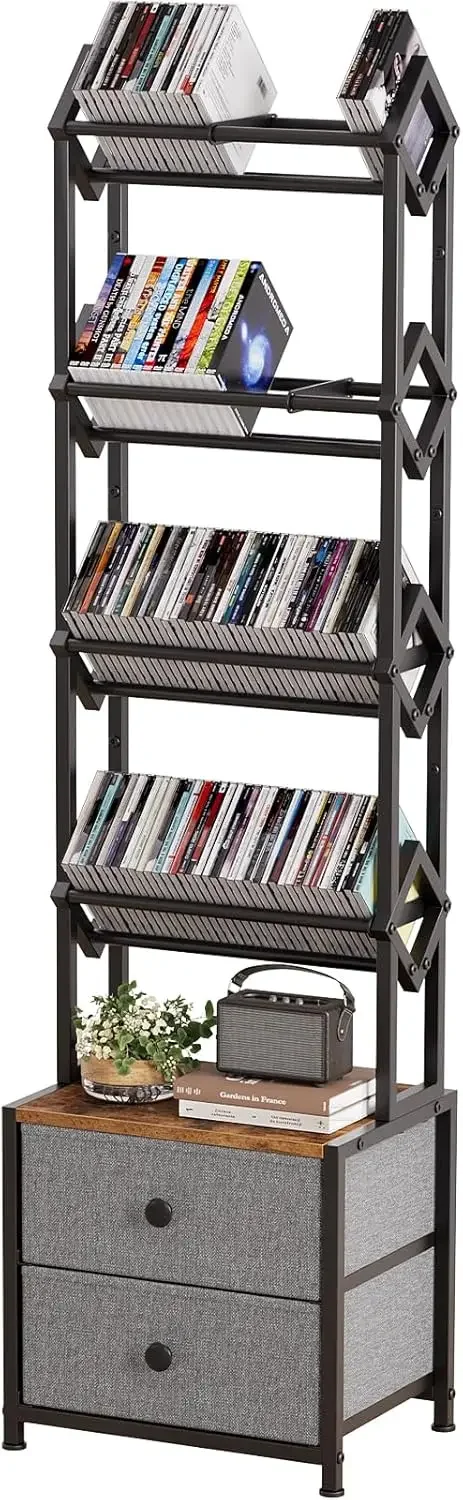 Bookshelf 5 Tier - 引き出し付きCD収納ラック、5段メディアオーガナイザーDVD収納棚、CD/DVD、書籍、ゲーム用の大容量収納、リビングに最適