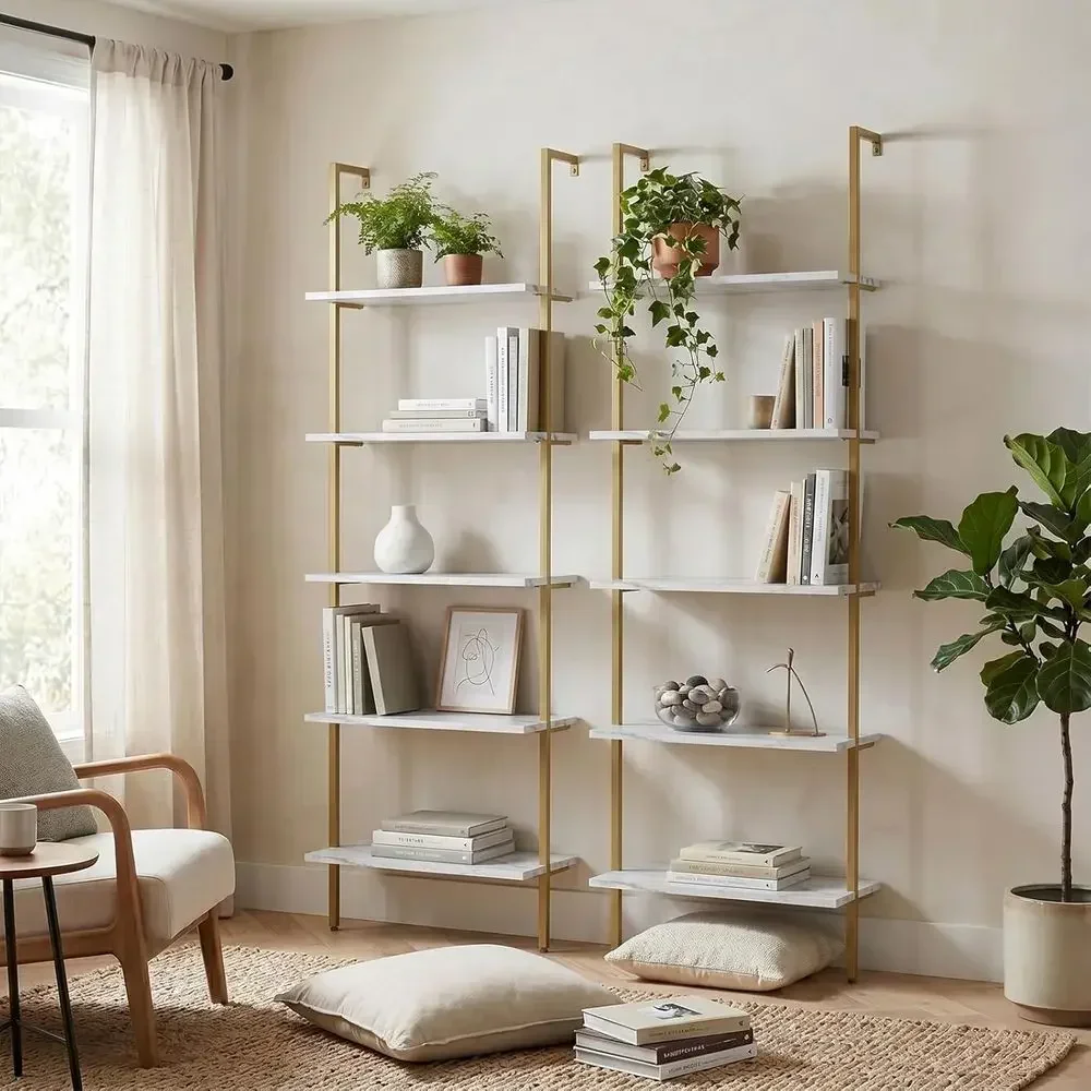 5段式白大理石壁掛け木製ラック - 工業スタイルの本棚（家庭 - Bookshelf 5 Tier のレビューと価格