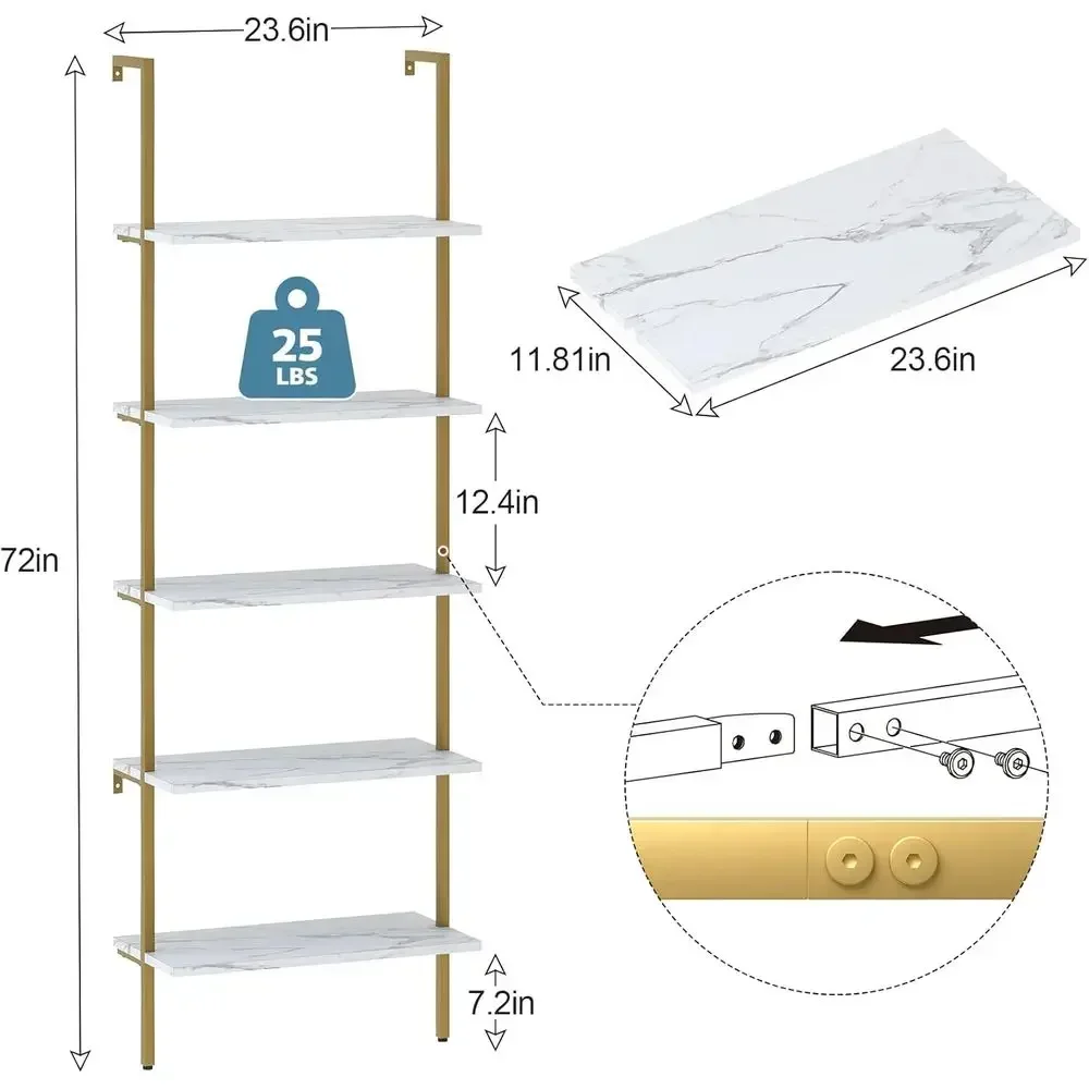 5段式白大理石壁掛け木製ラック - 工業スタイルの本棚（家庭 - Bookshelf 5 Tier のレビューと価格