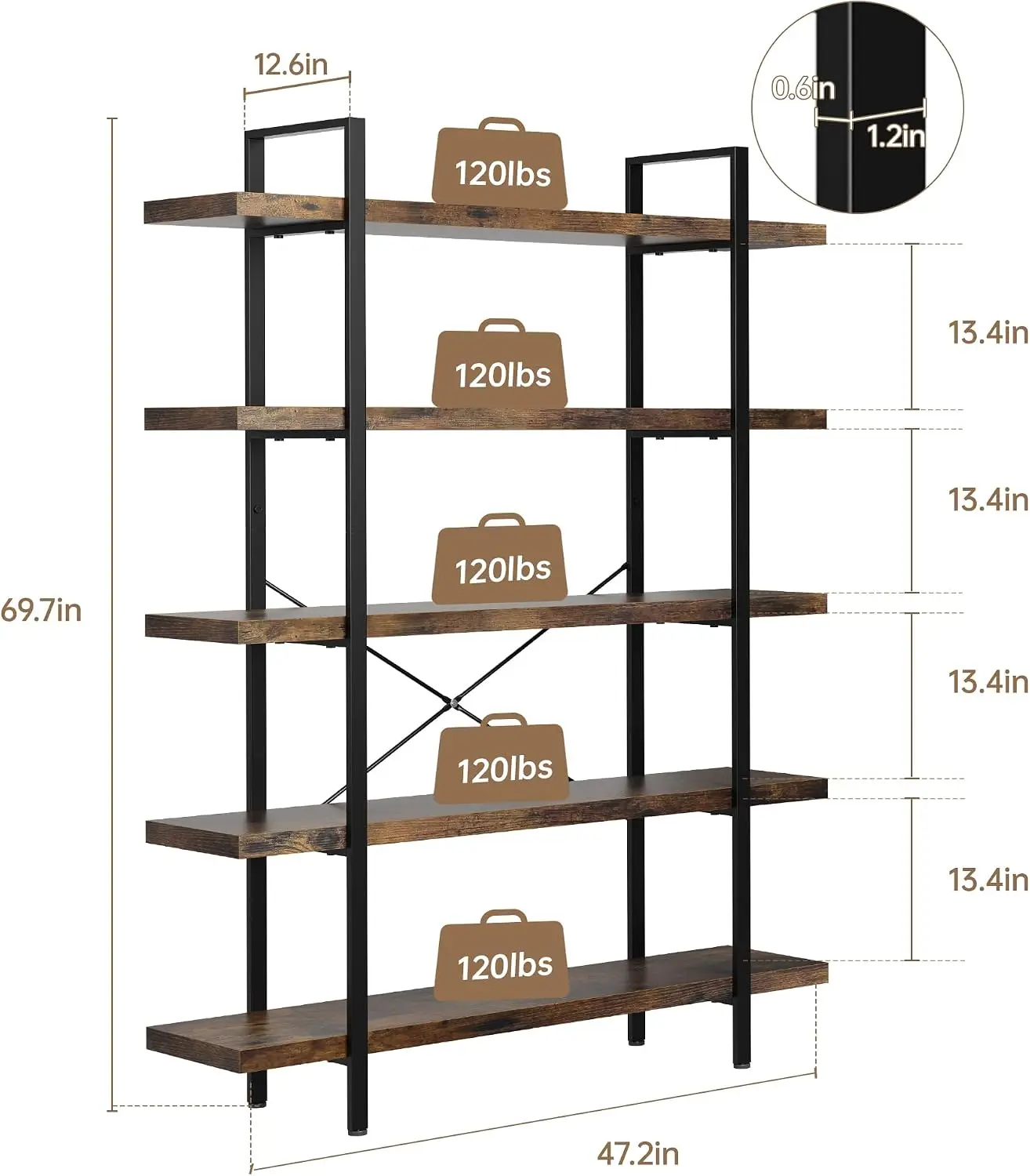 2個セットの頑丈な5段工業用本棚、幅47インチの木製本棚、ホ - Bookshelf 5 Tier のレビューと価格