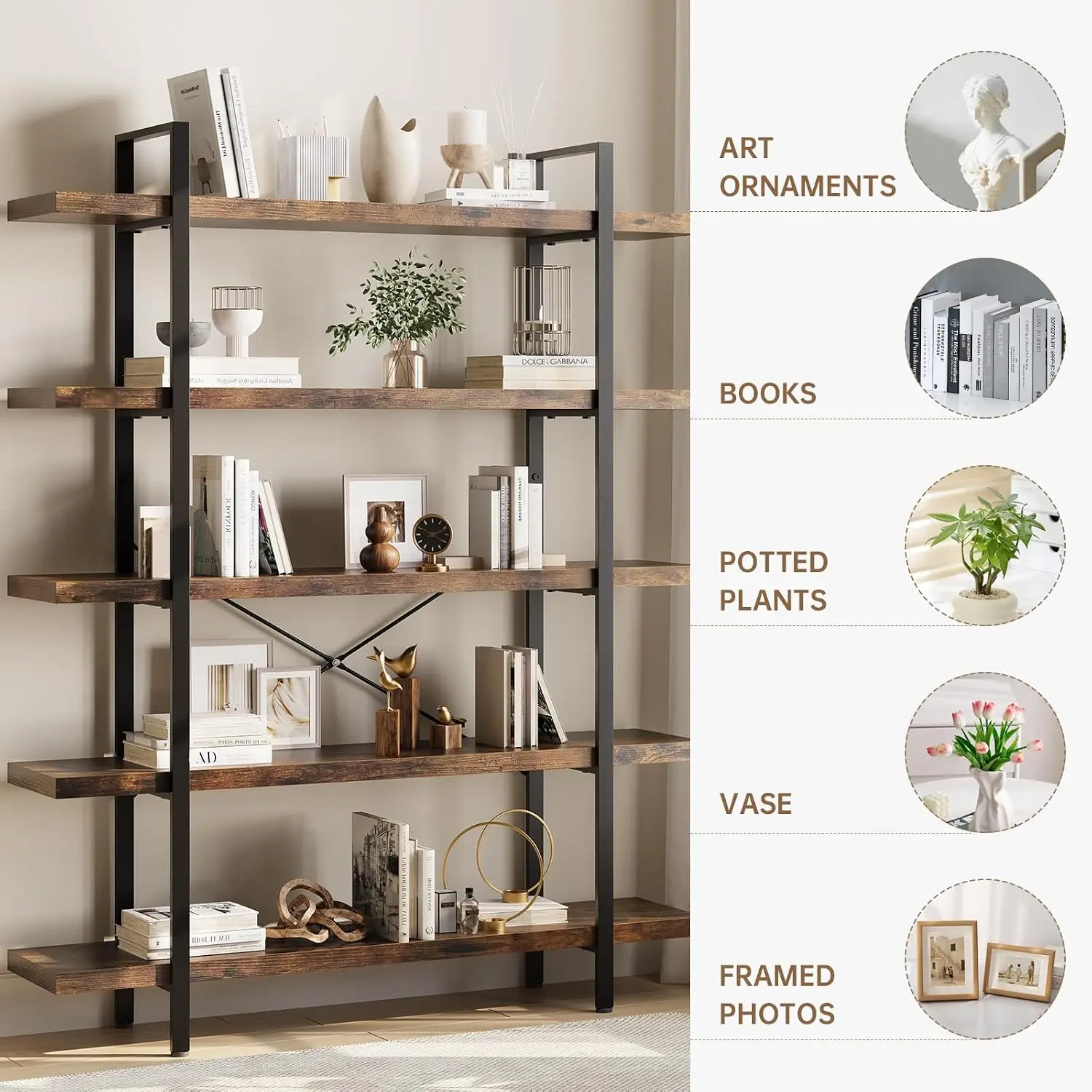 2個セットの頑丈な5段工業用本棚、幅47インチの木製本棚、ホ - Bookshelf 5 Tier のレビューと価格