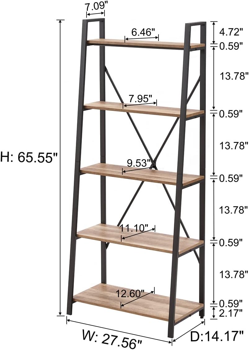 ヴィンテージオーク製5段工業用傾斜型ラダーブックシェルフ、木 - Bookshelf 5 Tier のレビューと価格