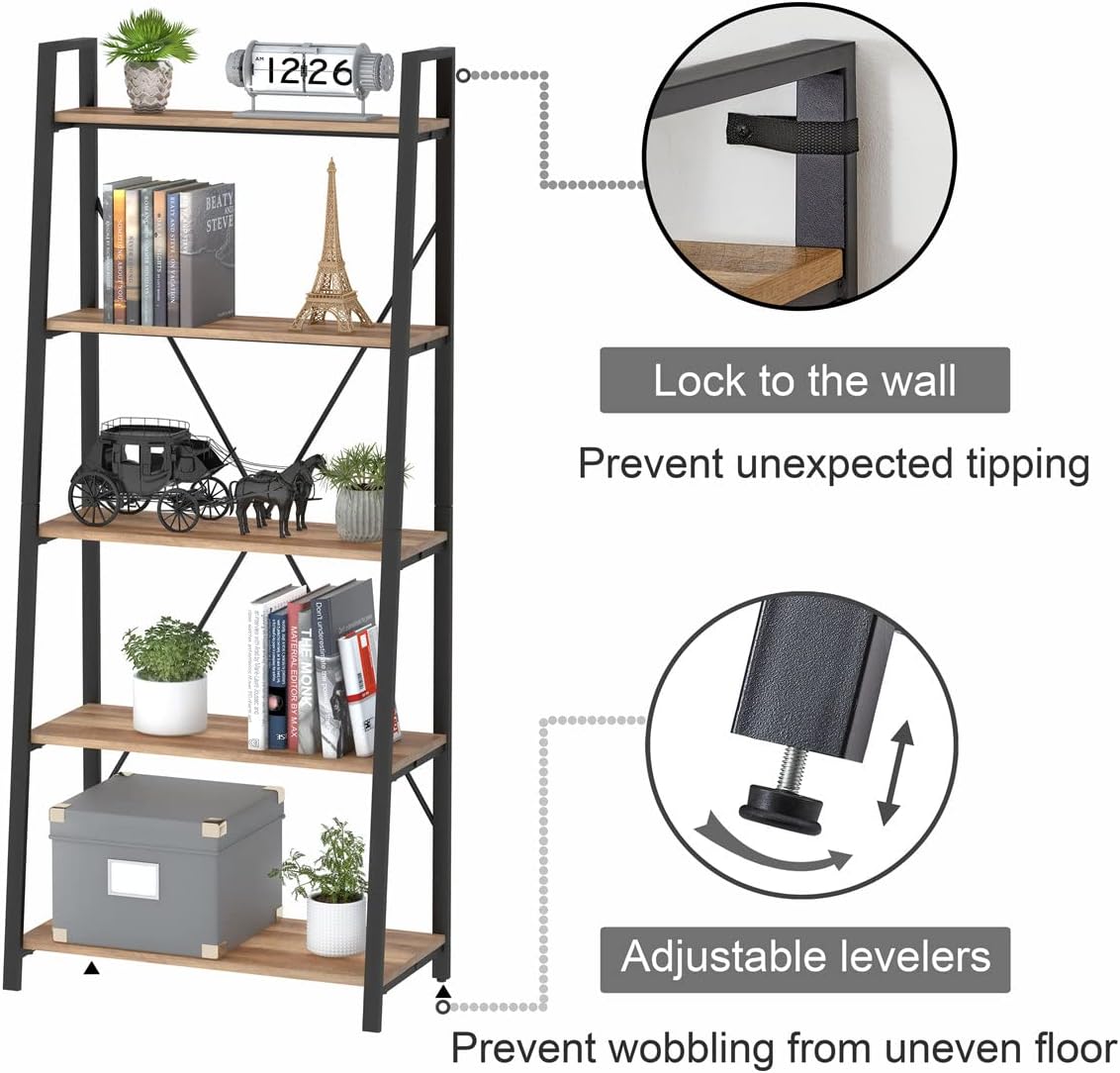 ヴィンテージオーク製5段工業用傾斜型ラダーブックシェルフ、木 - Bookshelf 5 Tier のレビューと価格