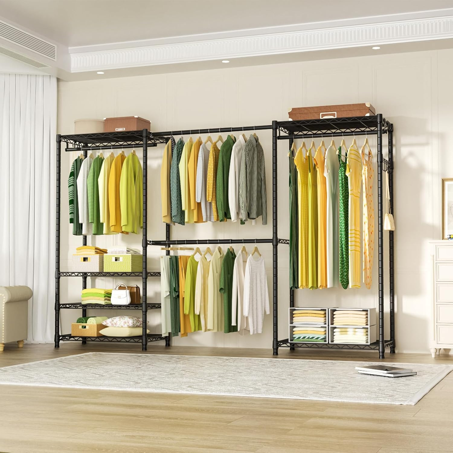 頑丈なクローゼットシステム、6段の衣類ラック、4本の金属製ハ - Coat Rack Standing のレビューと価格