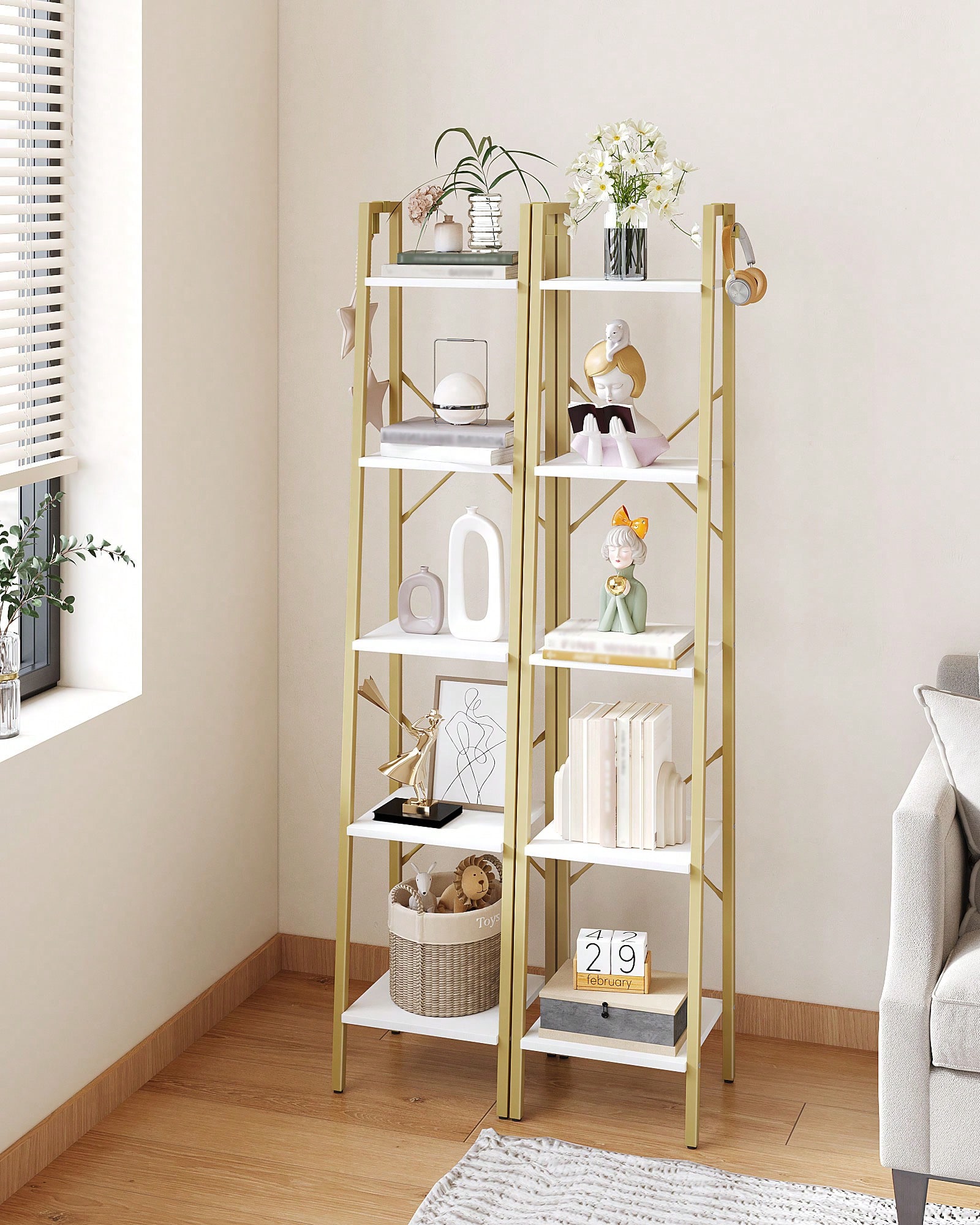 5段ラダーシェルフ モダン グラム ホワイトゴールド ブック - Bookshelf 5 Tier のレビューと価格