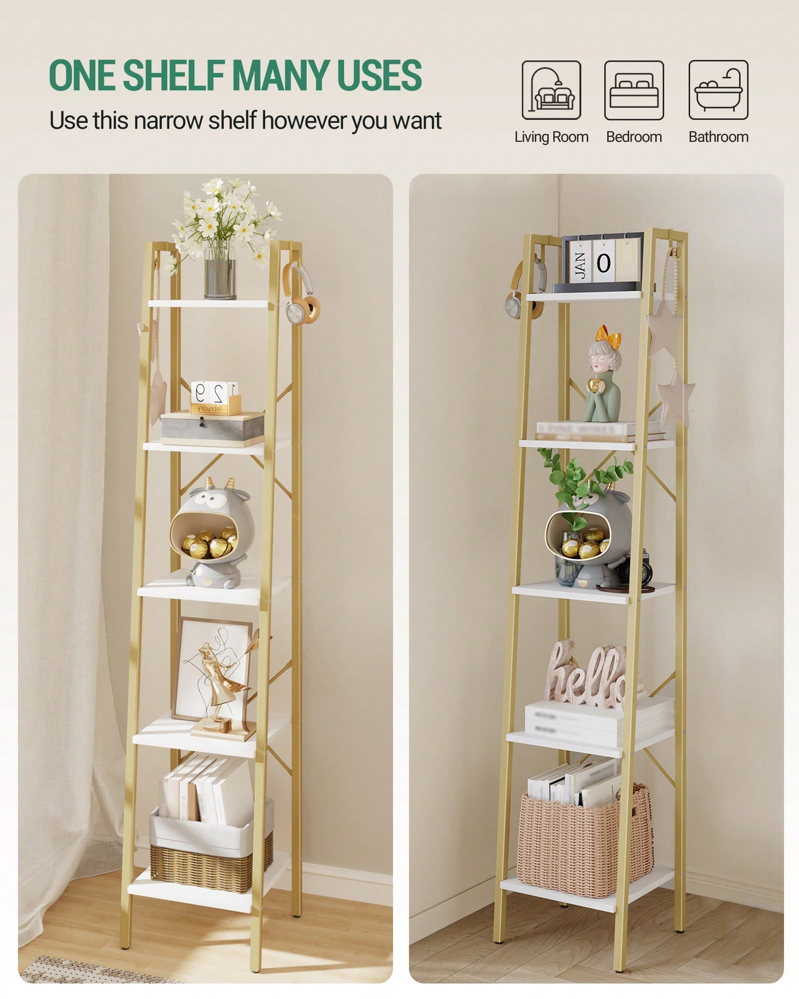 5段ラダーシェルフ モダン グラム ホワイトゴールド ブック - Bookshelf 5 Tier のレビューと価格