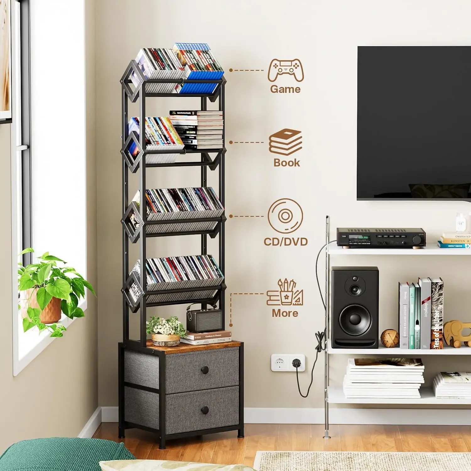 引き出し付きCD収納ラック、5段メディアオーガナイザーDVD - Bookshelf 5 Tier のレビューと価格