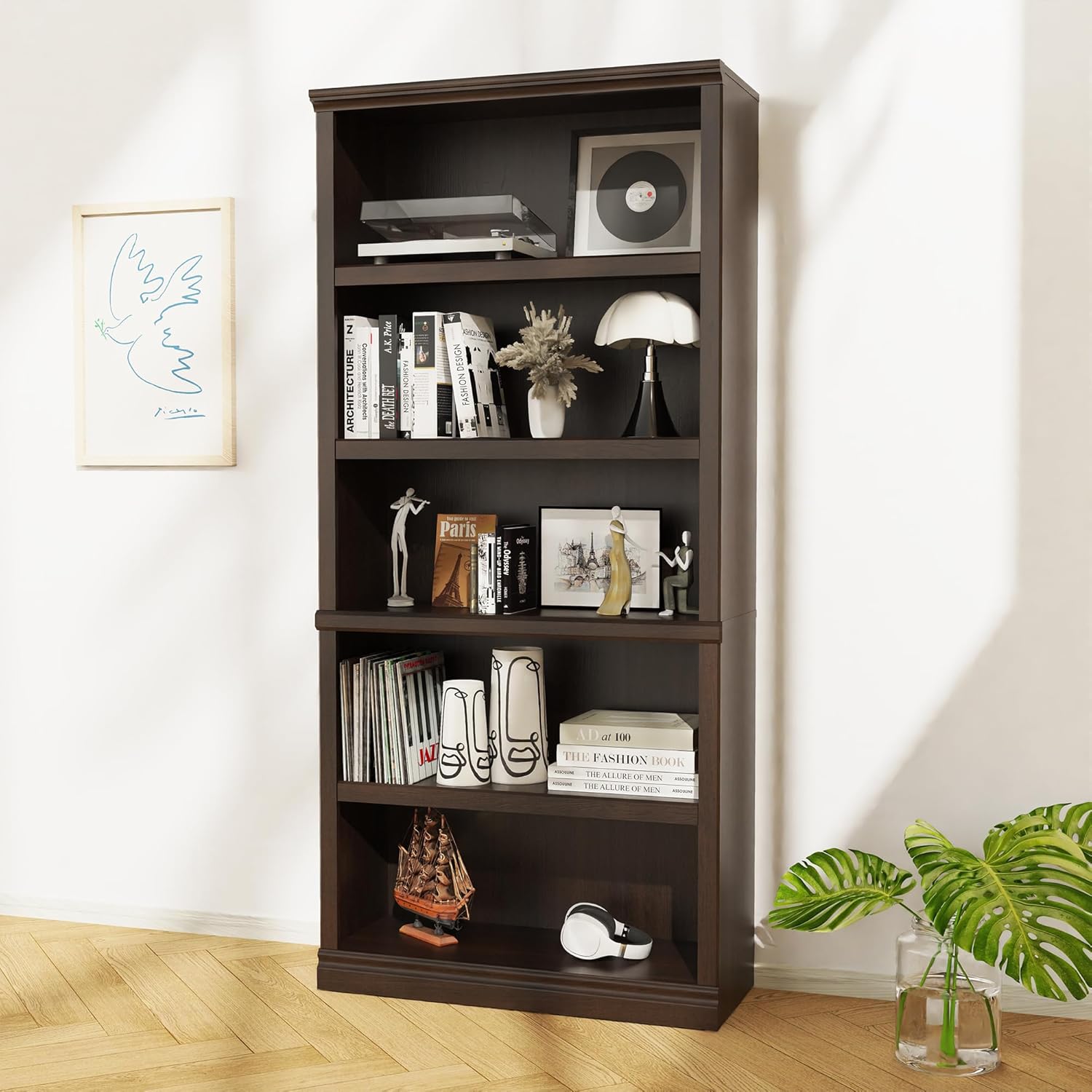 70インチの高さ、5段のオープンウッドブックシェルフ、床置き - Bookshelf 5 Tier のレビューと価格