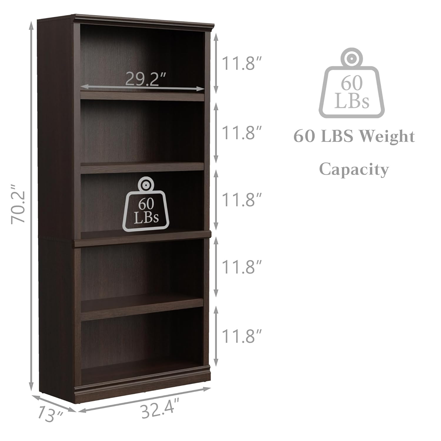 70インチの高さ、5段のオープンウッドブックシェルフ、床置き - Bookshelf 5 Tier のレビューと価格