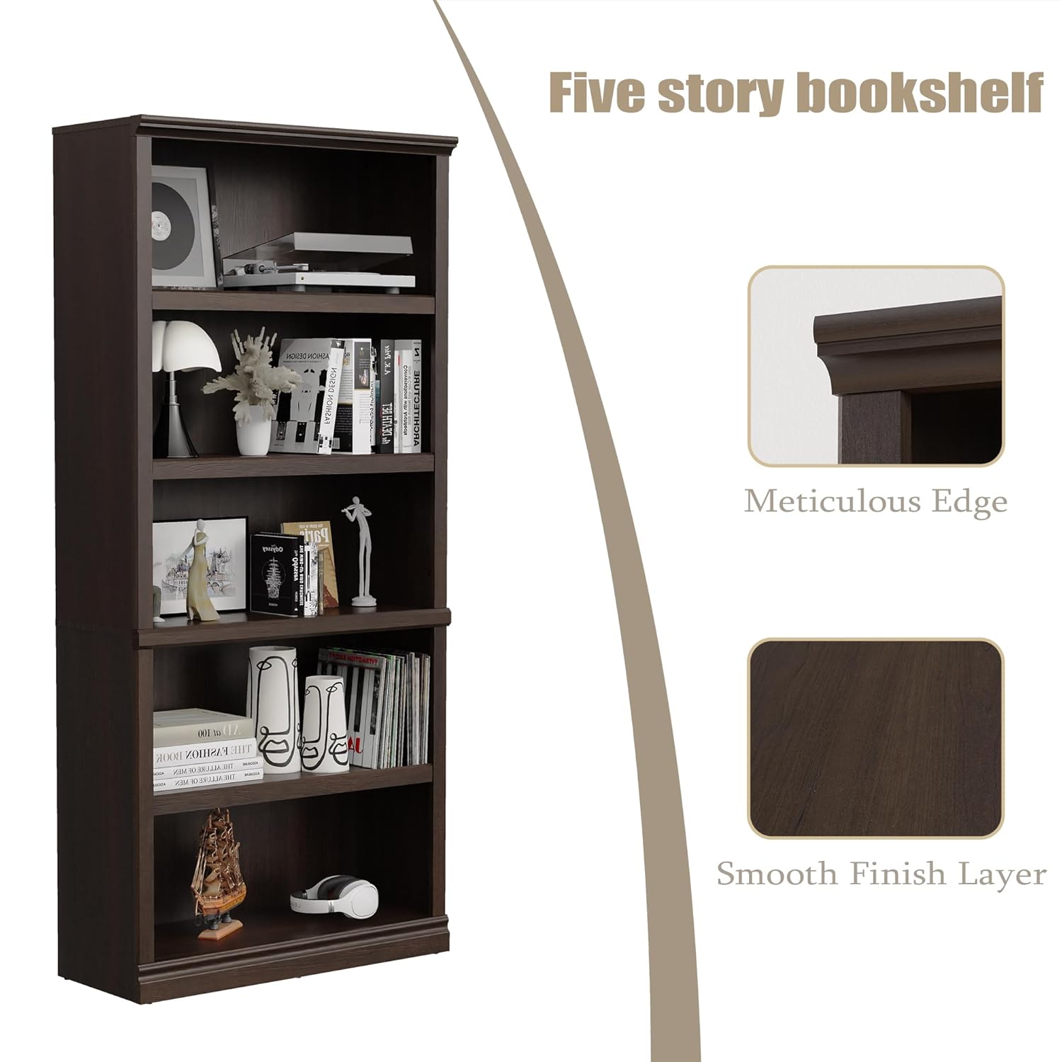 70インチの高さ、5段のオープンウッドブックシェルフ、床置き - Bookshelf 5 Tier のレビューと価格